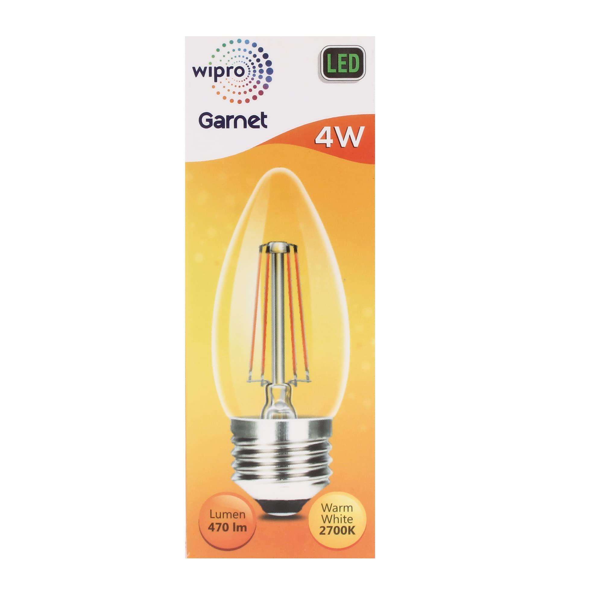 wipro Garnet 4 W E27 Base Candle Filament Bulb | Warm White (2700K) | Pack of 1 | Clear optics for sparkling effect | LED Filament Bulb for Home, office, chandellior, decorative lamp shade