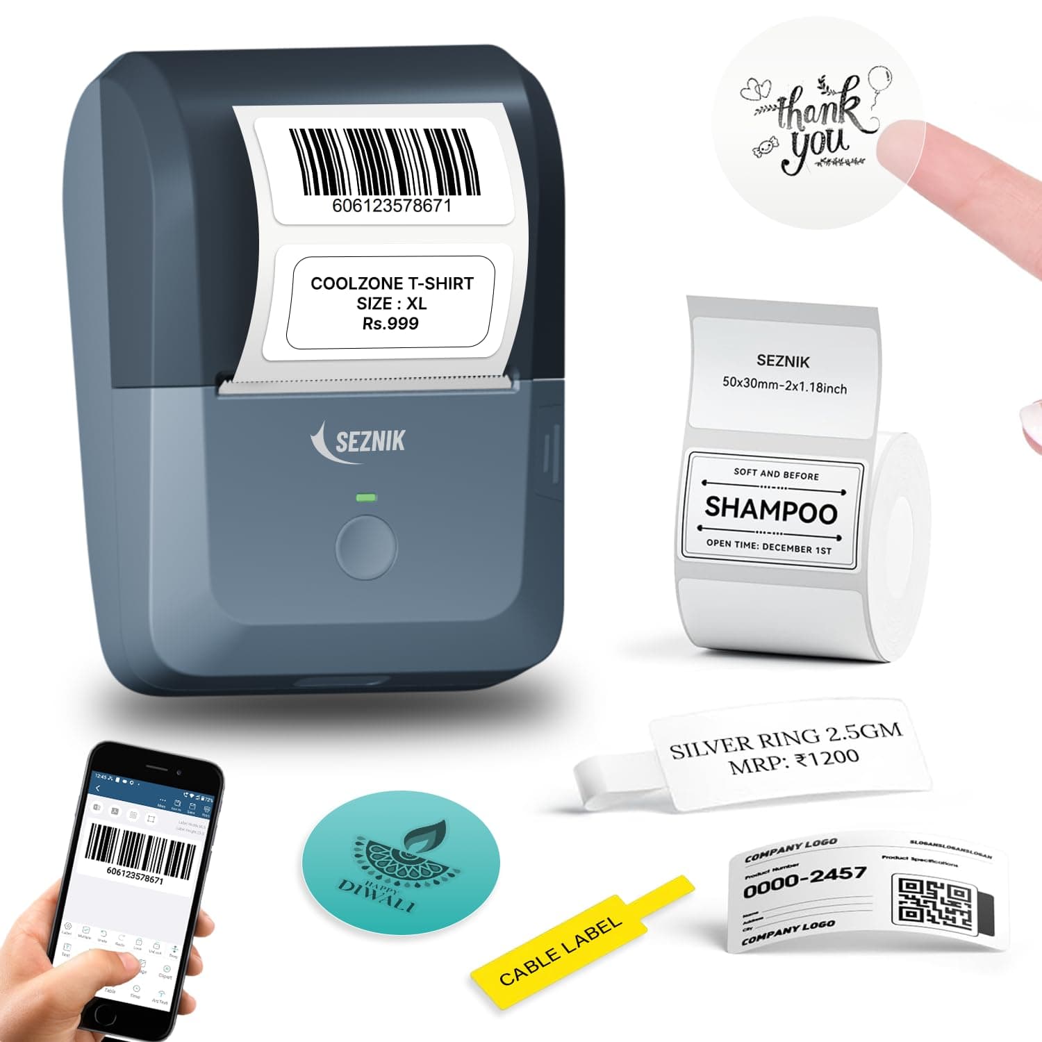 SEZNIK Tej Bluetooth Mini Thermal Label Printer for Business Office Home | Inkless Thermal | Mobile, Desktop Compatible | 58 mm (2 inches) | Lifetime Free App | 1 Year Warranty (Tej Label Printer)