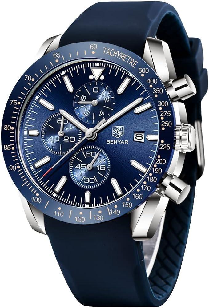 BENYAR Luxury Business Casual Party-Wear Silicone Chronograph Date Display Watch for Men (Blue-Silver)