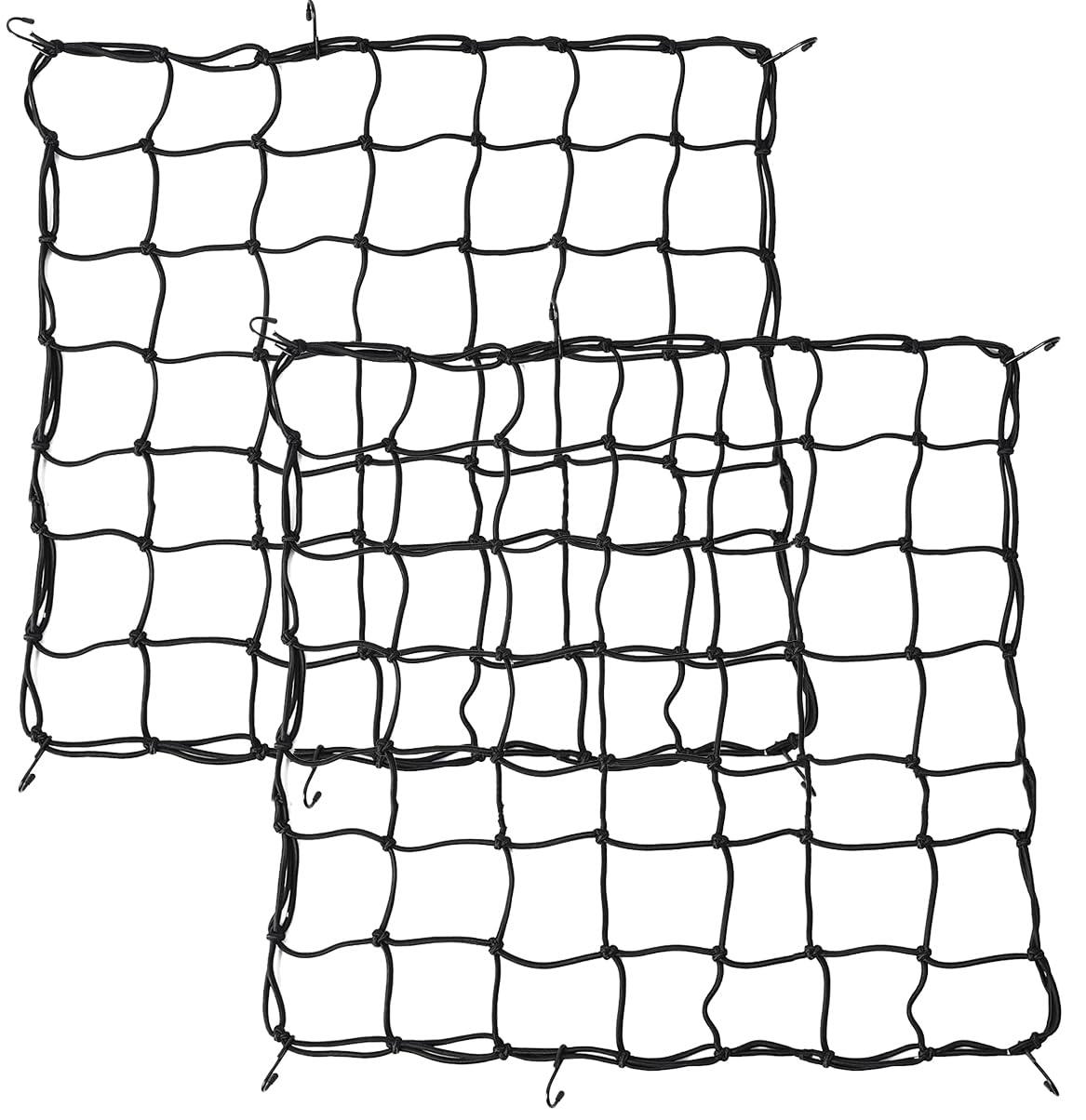 Portronia 15"x15" Motorcycle Cargo Net, Stretches to 30"x30", Heavy Duty Elastic Bungee Luggage Holder for Helmets, Tank & Seat with 6 Strong Hooks (Black, Pack of 2)