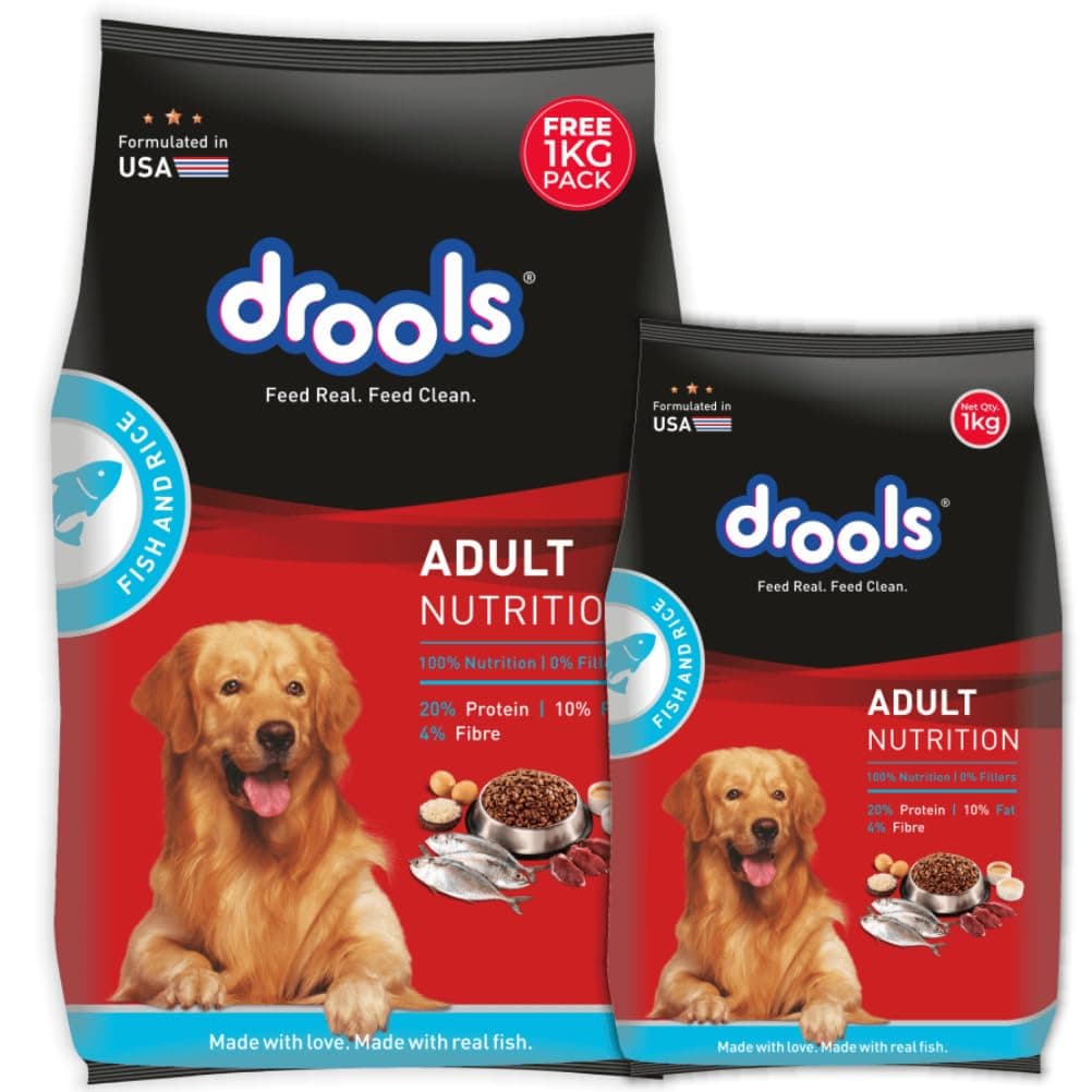 Drools Adult Dry Dog Food 2.8kg + 1kg (Free) | Fish and Rice Flavour | Fish & Rice Formula | Gentle on Gut | Helps Maintain Strong Muscles and Vitality | Organic Chelated Minerals