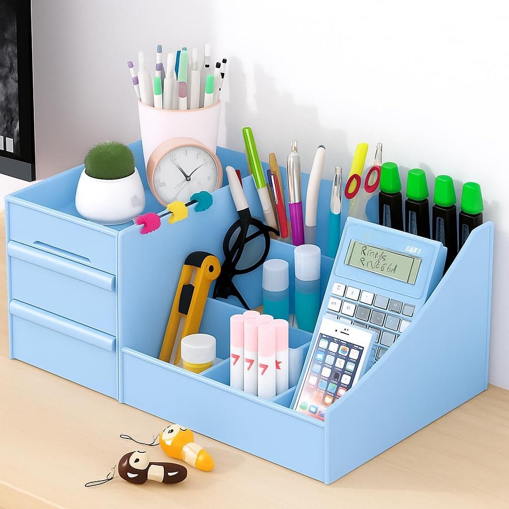 Recluse Cosmetic Organizer Box Drawers Storage Plastic Desktop Stationary Box, All in One Office Supplies and Cool Desk Accessories Pen Holder, Large Capacity Office Table Stand for Home/Office(Blue)