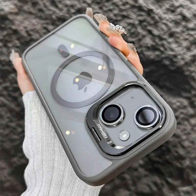 LuxuryKase Clear Case Compatible with MagSafe for iPhone 15 | Shockproof Transparent Cover with Camera Lens Protection | Metal Ring Stand & Wireless Charging Support - Grey