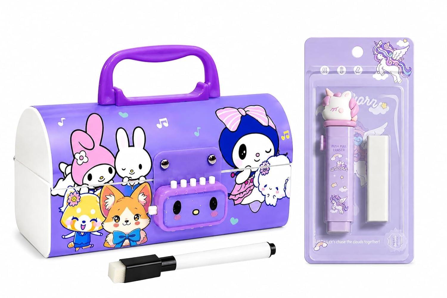 New Cartoon Theme Pencil Box with Push Pull Eraser Set for Kids | Suitcase Style Password Lock Stationery Organizer | School Supplies Gift Combo for Boys & Girls (KURUMI PURPLE PENCHIL BOX + ERASER)