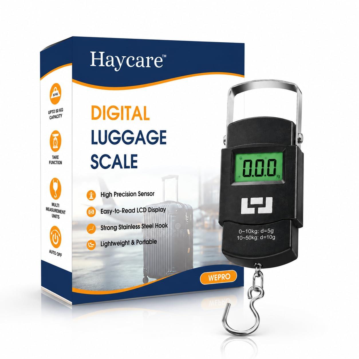 Haycare Digital Portable Weight Scale 50kg | Weighing Machine for Luggage Bags, 4 Weighing Modes (kg/lb/oz/jin), LCD Display, Tare Function, Auto-Off, Portable Travel Weighing Scale (Black)