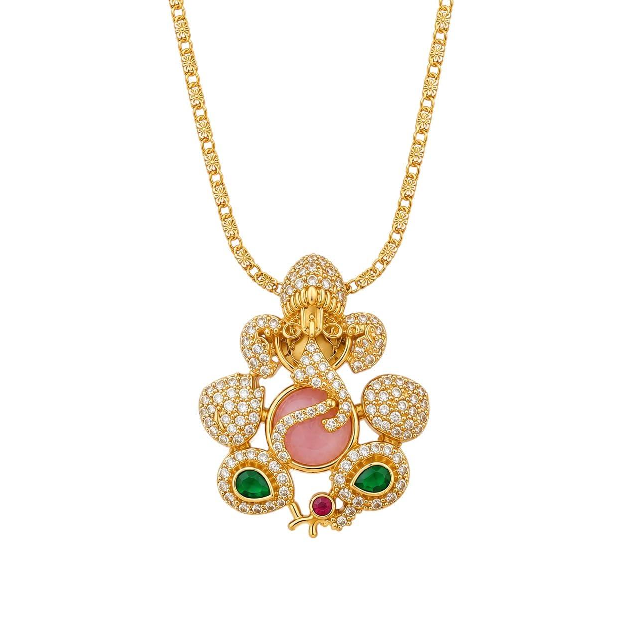 NKR GOLD Lord Ganesha Pendant Chain for Women Men & Girls, Gold Plated Brass Ganpati Bappa Locket with American Diamond CZ Stones, Religious Temple Jewellery Necklace, 18 Inch Chain, Festive Daily Wear Gift