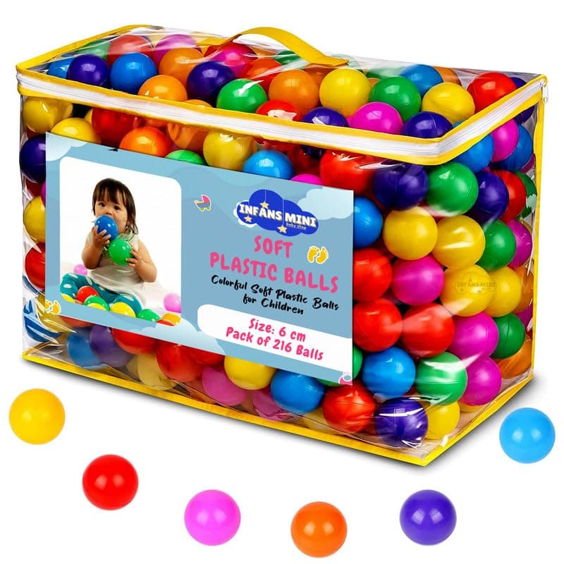 Infans Mini 6cm Kids Soft Plastic Balls for Pool Pit & Ocean Without Sharp Edges and Non-Toxic Plastics for Toddler Baby Play Tents & Tunnels Indoor (Multicolour, Pack of 216)