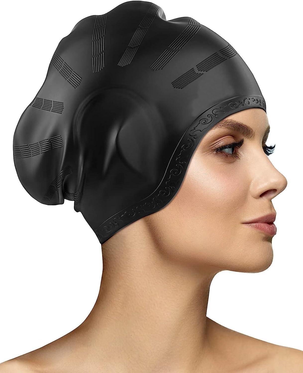 TEKCOOL Latest Designed Long Hair Swim Cap,Waterproof Silicone Swimming Cap for Adult Woman and Men,Keeps Hair Clean with Ear Protector Fresh Long Lasting Silicone Made Waterproof Swimming Cap(Black).