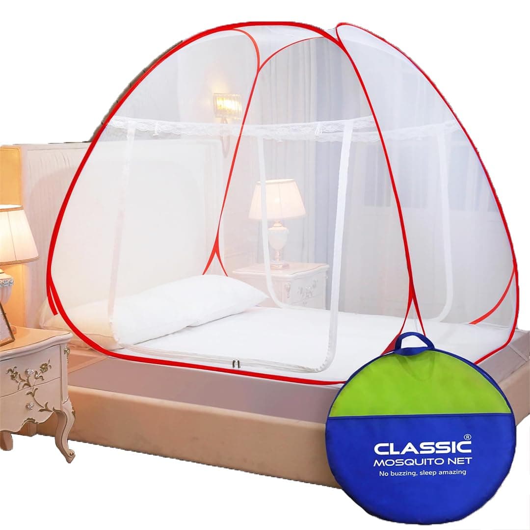 Classic Mosquito Net for King Size Bed | 30 GSM Polyester Fine Mesh | Foldable Pop Up Machardani for Double Bed | 360° Mosquito & Insect Protection | Washable & Reusable | Red