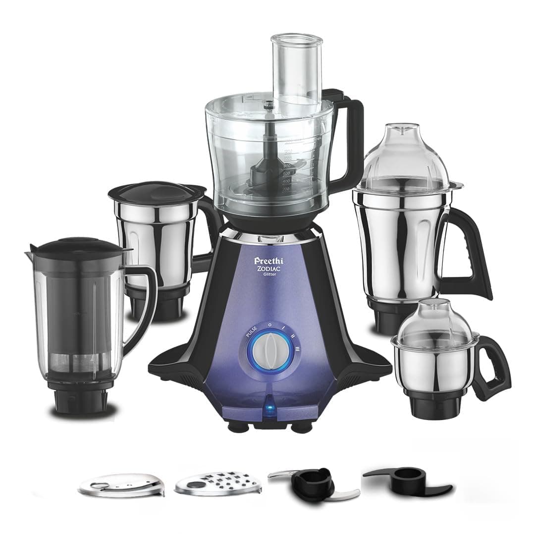 Preethi Zodiac Glitter 750 Watts Mixer Grinder, 5 Jars (1 Food Processor Jar, 3 Stainless Steel Jars, Juicer Jar), Atta Kneading, Powerful Grinding, 2 Year Warranty, Lifelong Free Service, Lavender