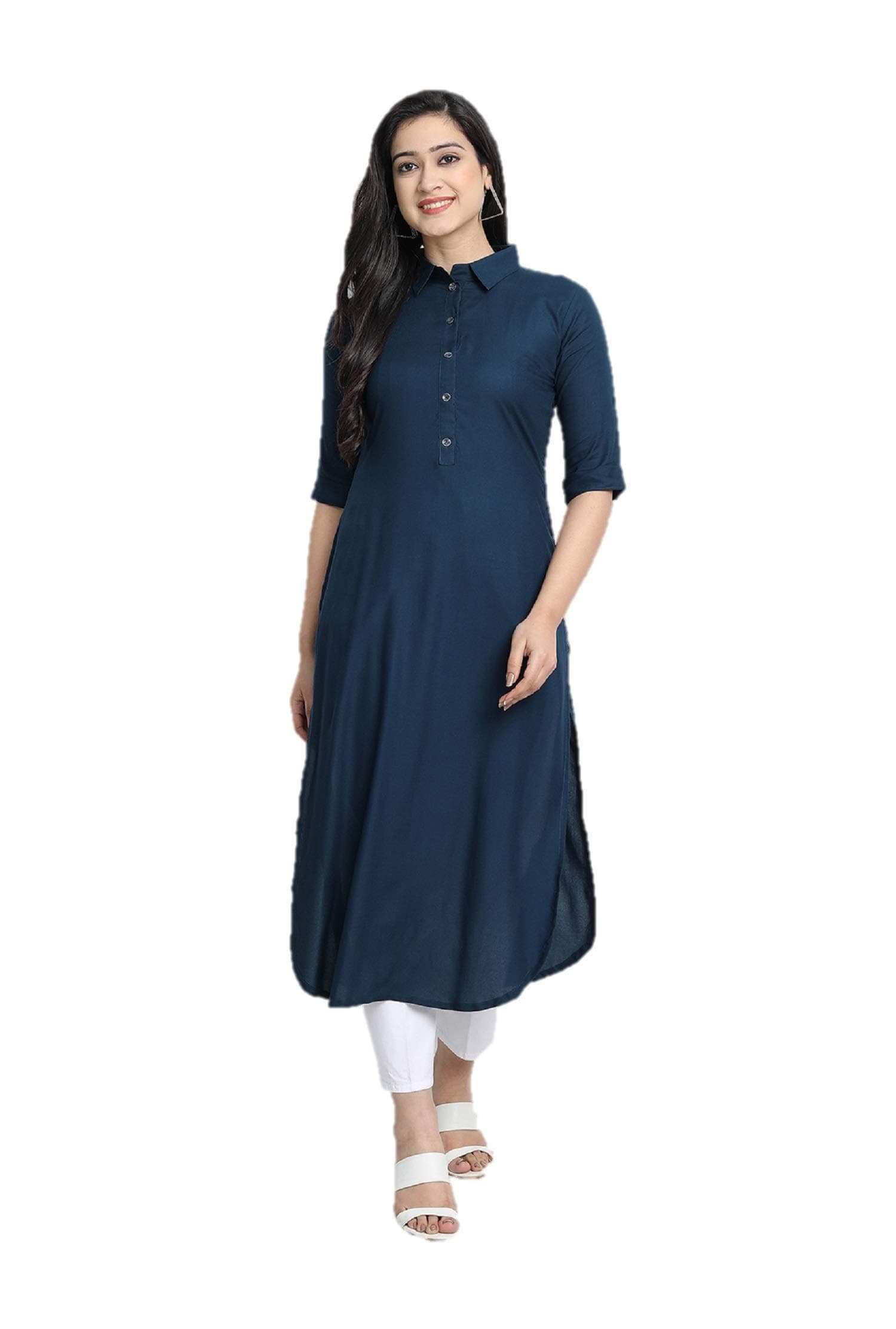 Nitimatta Women's Straight Pathani Style Rayon Collar Kurta Solid Kurti for Women MorpichBlue XL