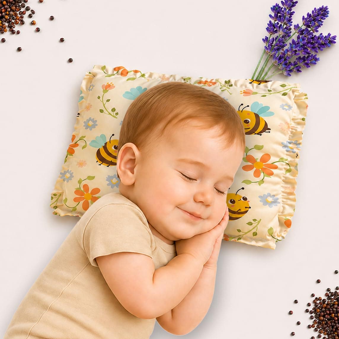 Rai Mustard Seeds Pillow with Lavender, Baby-Round Head Shaping Baby Pillow,Neck Support Pillow Gifting 0-12 Months for Infant Microfiber Toddler (Yellow)