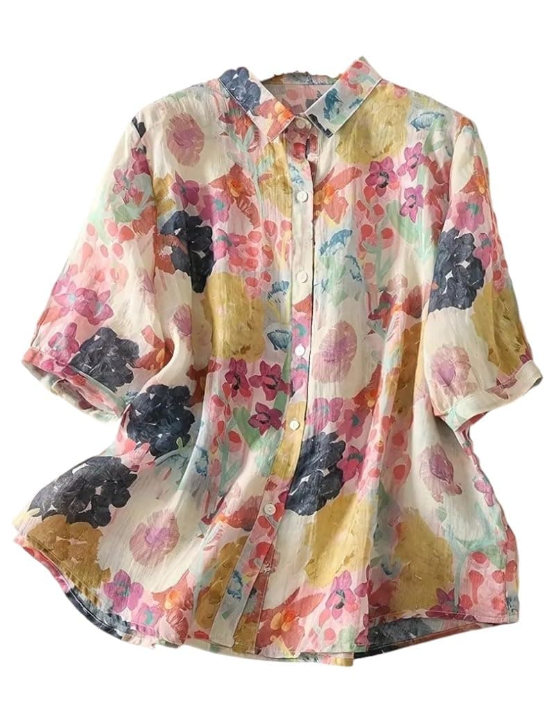 Gufrina Women’s Casual Button-Down Shirt with Multicolor Floral Print & Half Sleeves, Collar Neck (TOP-112, XXL, Orange)