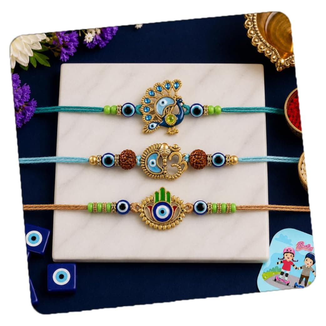 Set of 3 Rakhi for Brother with Magnet Gift Raksha Bandhan Combo Set, Designer Evil Eye Ganesha Peacock Rakhi, Traditional Thread Set for Men Boys, Premium Festival Gift for Raksha Bandhan
