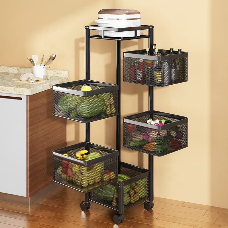 TEX-RO Kitchen Trolley with Wheels | 5-Layer Metal Vegetable Basket Stand & Kitchen Storage Rack | Multipurpose Kitchen Organizer for Onion Potato Storage (Black)