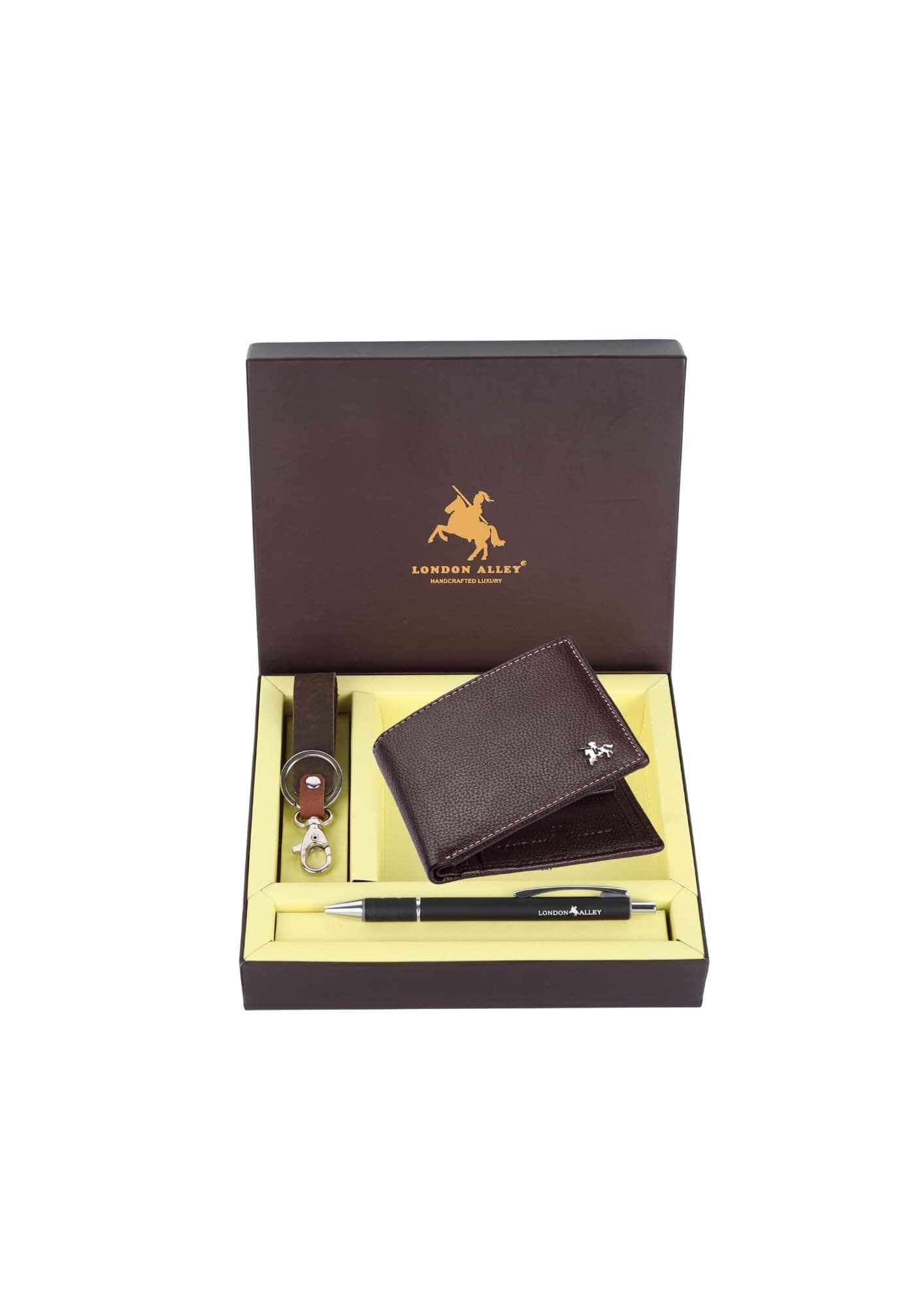 LONDON ALLEY Kevin Classic Brown Leather Wallet, Keyring & Pen Combo Gift Set for Men | Gift Hamper for Men