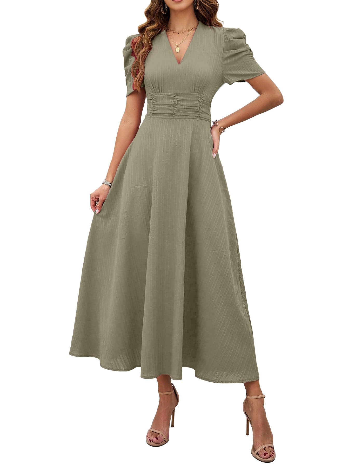 Shasmi Girl's & Women's Pista Solid Color V-Neck A-Line Maxi Dress for Women | New Year Party Outfit | Waist Cinched Puff Sleeve Western Dress | Elegant Casual Wear (Dress 246 Pista-3XL)