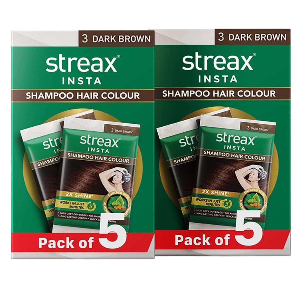Streax Insta Shampoo Hair Colour for Women and Men, Dark Brown- Pack of 5 | 100% grey coverage in 5 minutes | Long lasting, easy to use Pack of 2