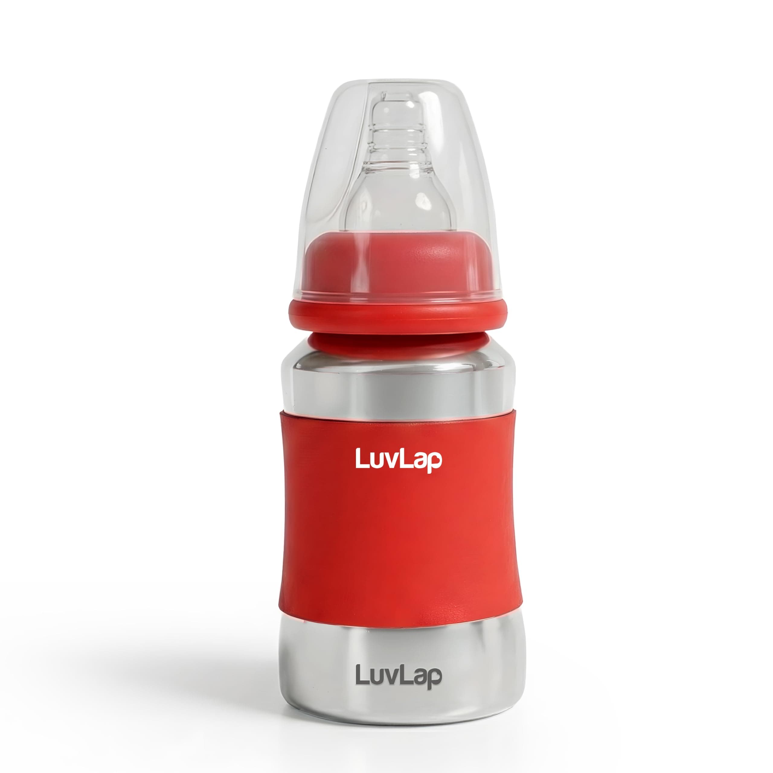 LuvLap Baby Steel Feeding Bottle 140ml, Made of SS304 Rust Free Steel, Baby Milk/Water Bottle with Dust Cover, Heat Protective Silicone Cover, BPA Free, Odour Free, Leak Proof, Red, 0M+