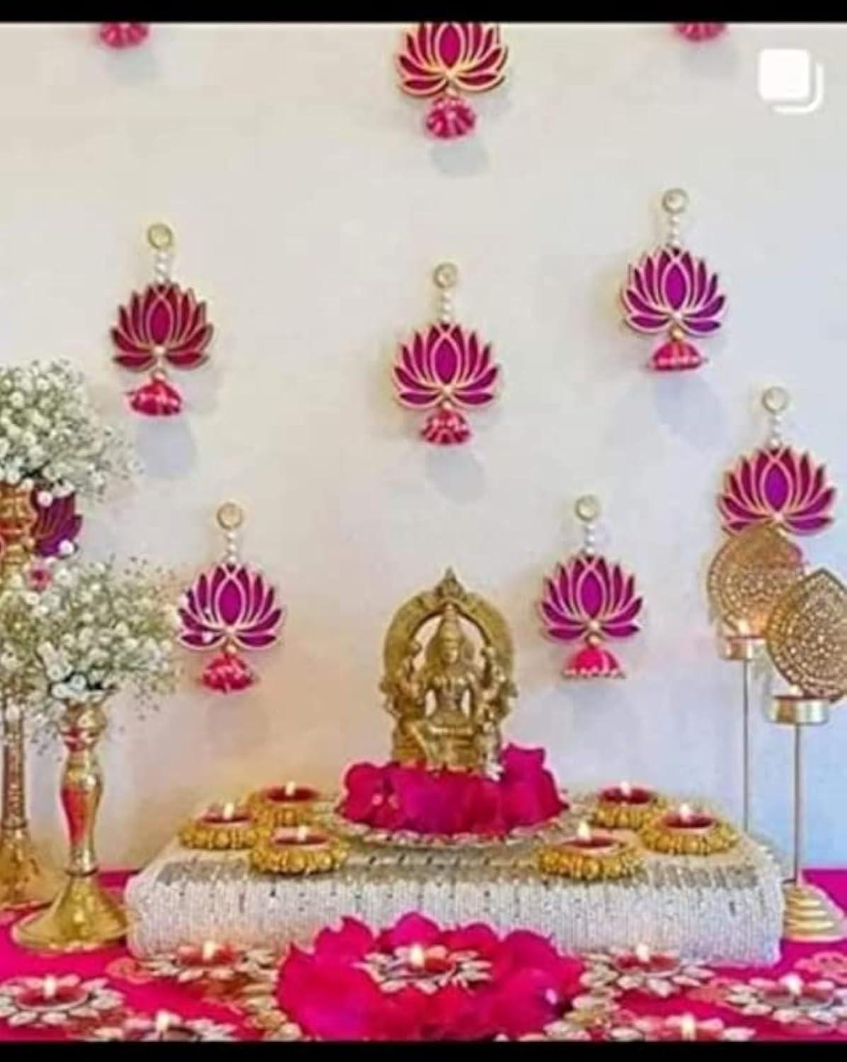 Divyakosh Lotus Hanging for Decoration | Handmade Wall Decor with Jhumki Style | Set of 10 Pink Lotus | 7 Inch Home, Temple & Pooja Room Decor | Diwali, Wedding & Festival Decoration Items