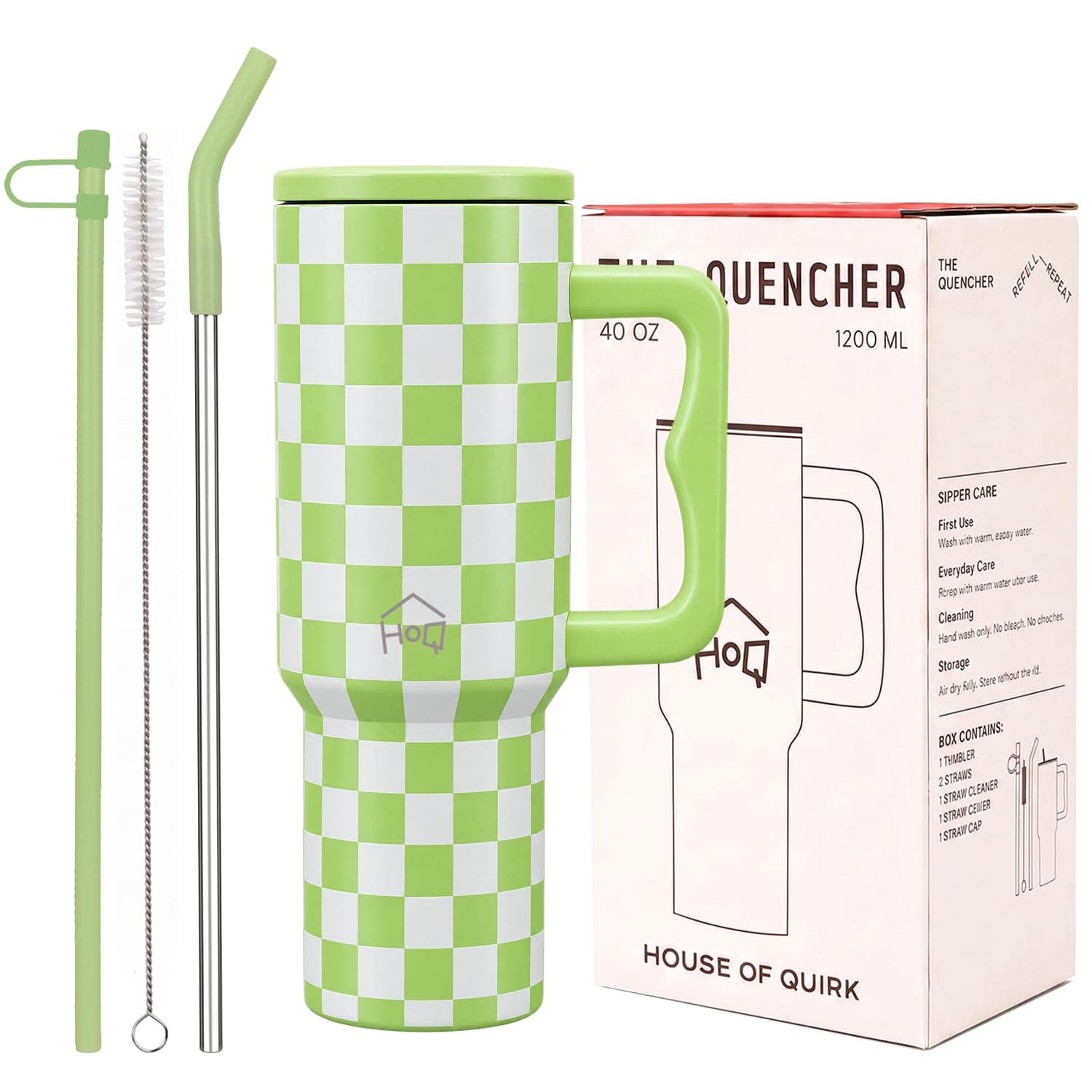 House of Quirk 1200ML Stainless Steel Tumbler with Handle & Lid, 2 Straws – Large Travel Mug Water Cup for Gym, Office & Outdoor Use (Lime Check)