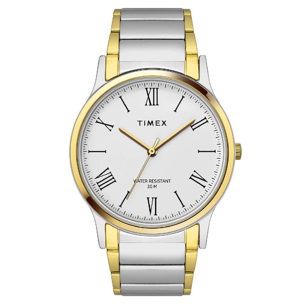 TIMEX Classics Analog Watch for man with White Round Dial & Two Tone Stainless Steel Bracelet Band Water Resistant Men's Wrist Watches - TW000R432