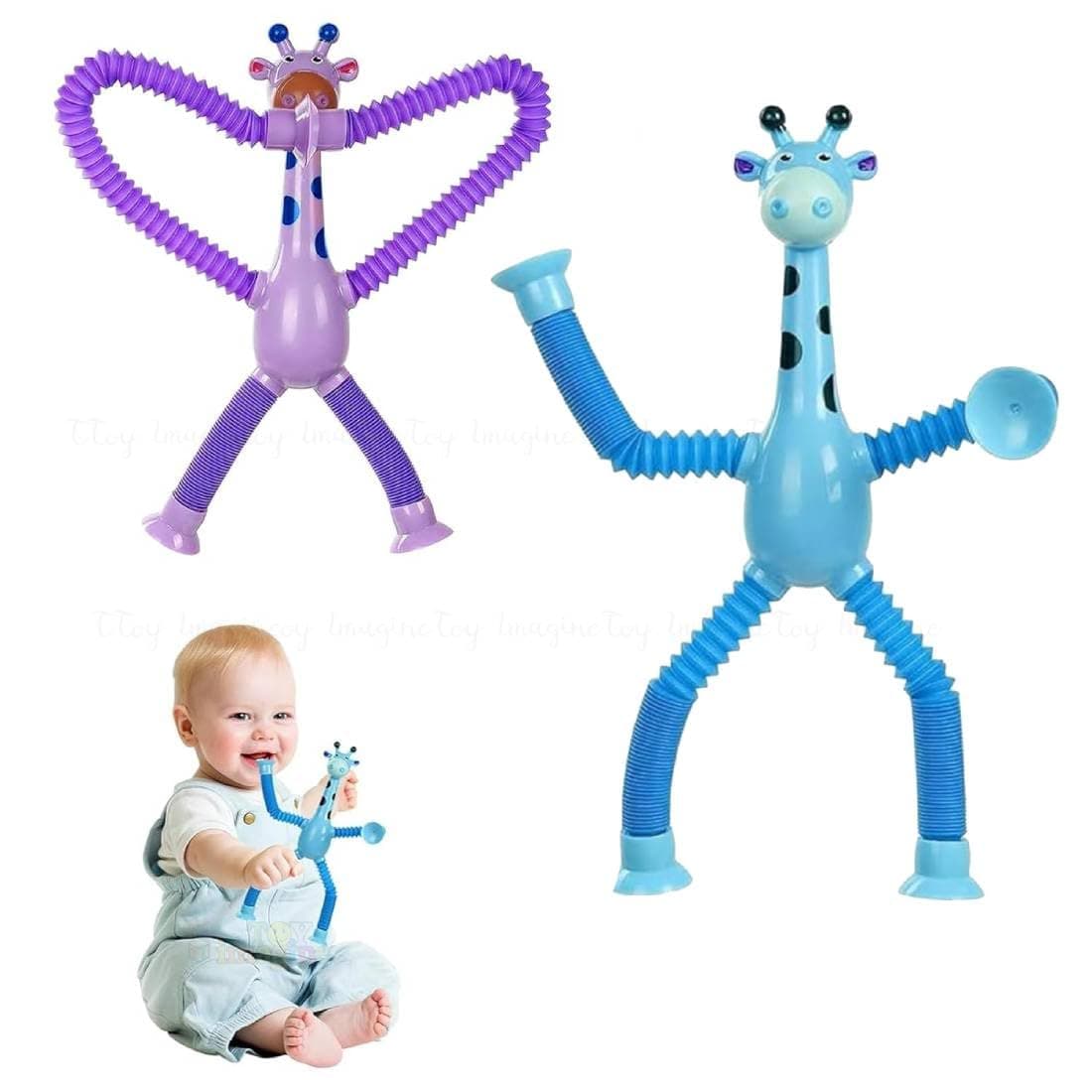Toy Imagine Telescopic Suction Toys for Toddlers – Stretchy Travel Toys for Kids – Giraffe Shaped Fidget Set for Flights & Road – Multicolor Pack of 2 – Travel Essentials for 1+ Year Old Boys & Girls