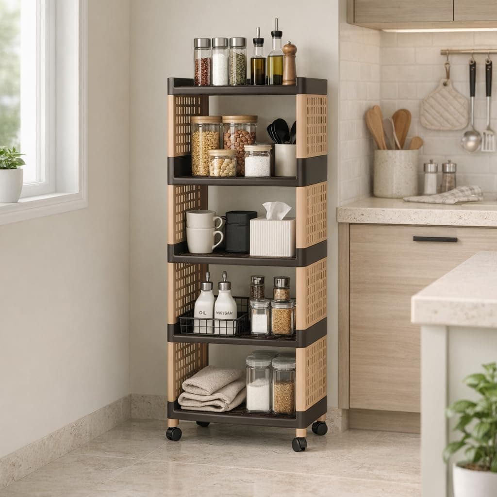 Morbrix 5 Layer Multipurpose Kitchen Trolley with Wheels, Space Saving Home Storage Organizer Rack Vegetable Trolley Rack Stand for Home, Offic (Brown & Ivory)