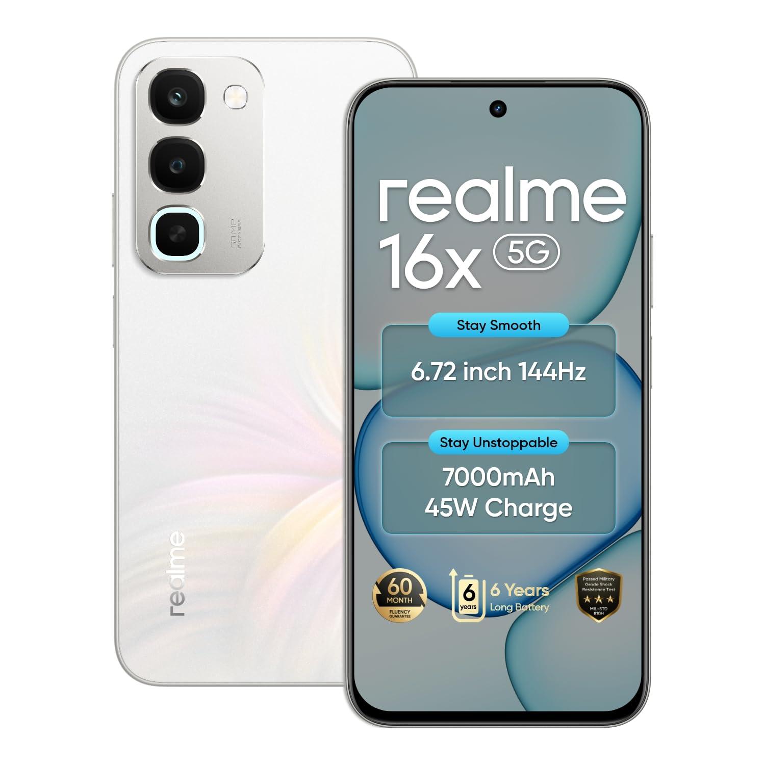 realme 16X 5G Smartphone 6.8 inch 144Hz Display 7000mAh Battery 45W Fast Charge 6GB RAM 128GB ROM 50MP AI Main Camera, MediaTek Dimensity 6300 Chipset, Android 16, IP65 White