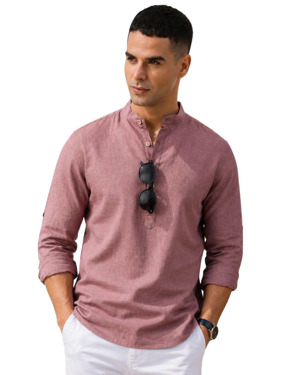 Majestic Man Men's Pure Cotton Solid Mandarin Collar Regular Fit Roll-Up Sleeves Short Kurta (Dusty Pink, Large)