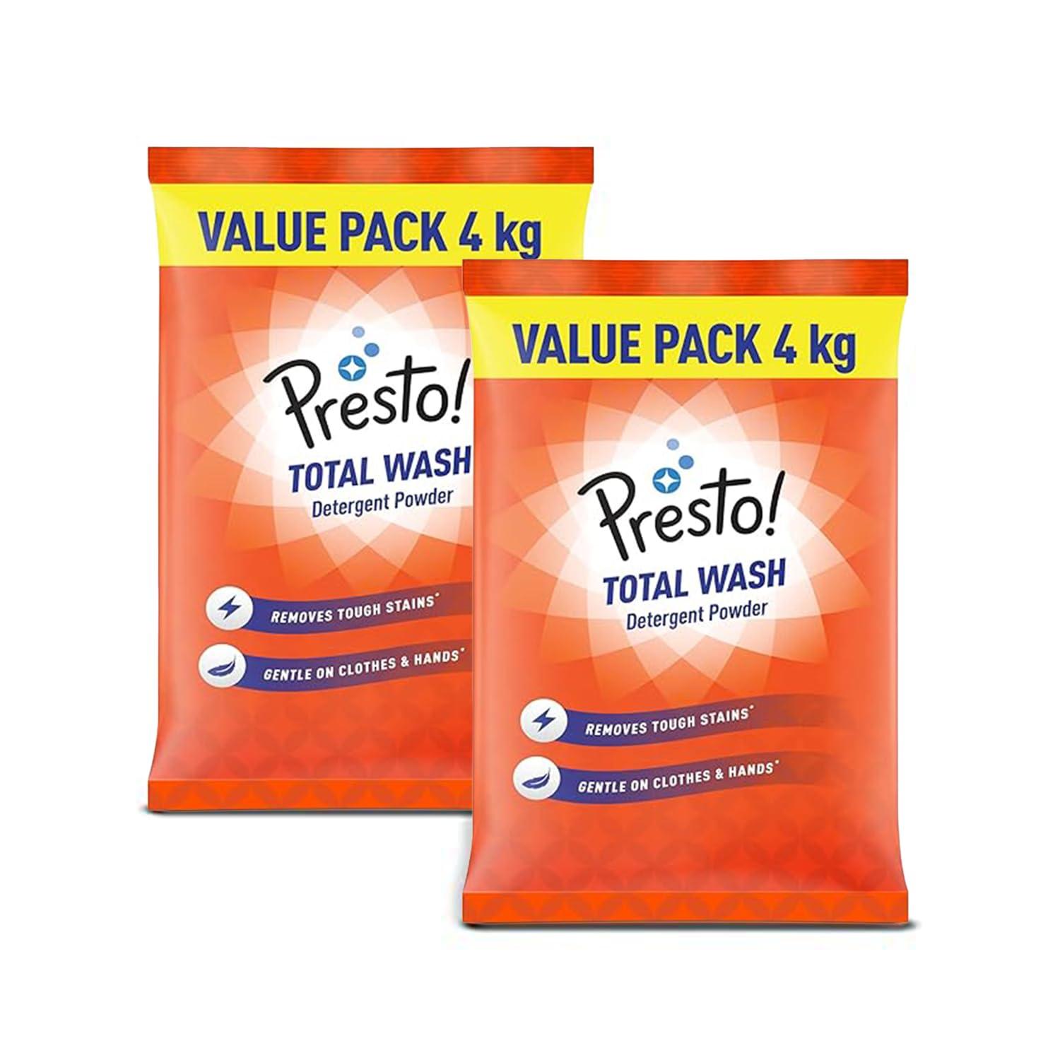 Amazon Brand - Presto! Total Wash Detergent Powder | 8 Kg | 4 Kg X 2 Packs | Tough On Stains | Safe And Gentle On Fabrics | Refreshing Fragrance | Machine And Hand Wash | Bleach-Free Washing Powder