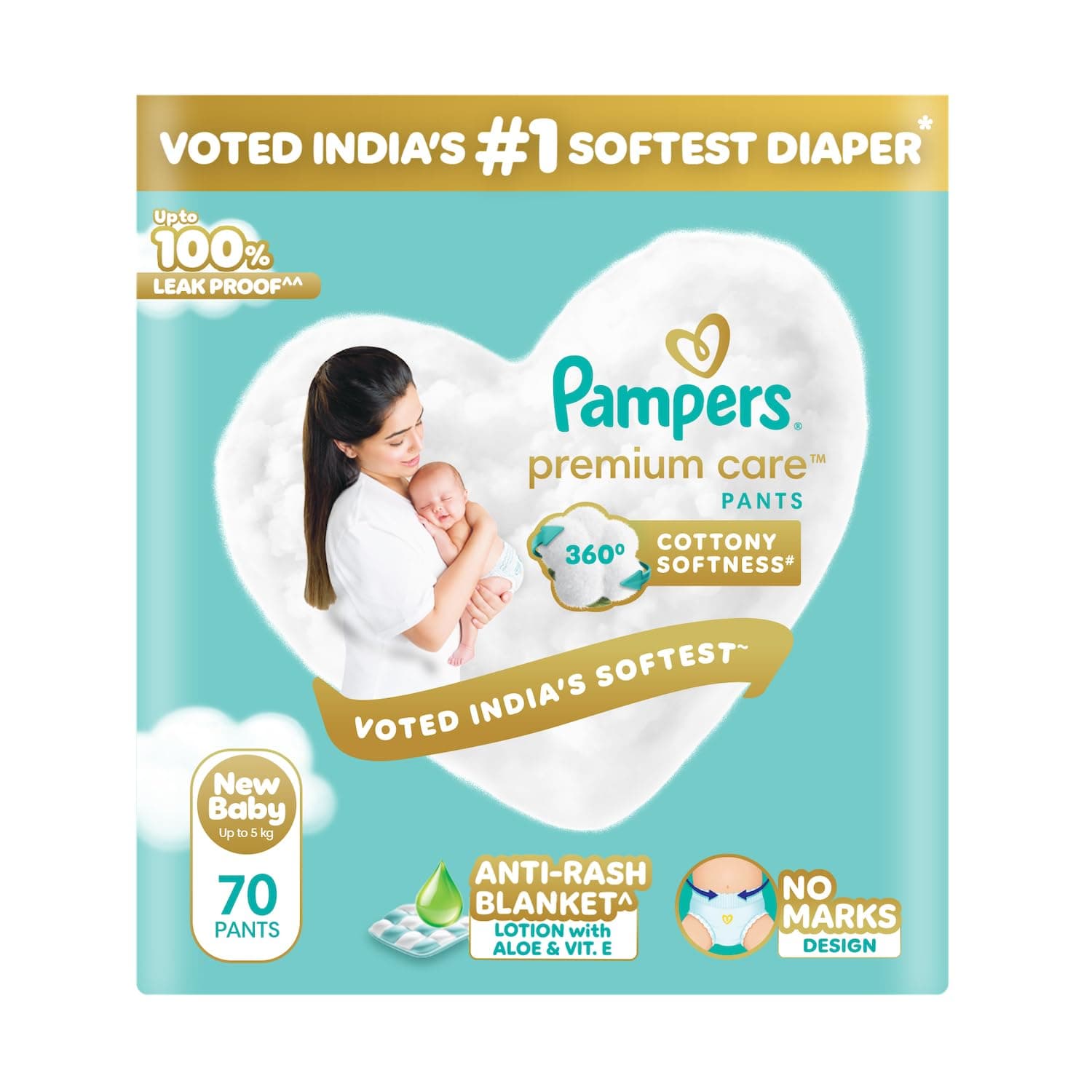 Pampers Premium Care Pant Style Baby Diapers XS 70 Count | No Marks Design | Voted India’s #1 Softest Diaper | All in 1 diaper with 360 Cottony Softness