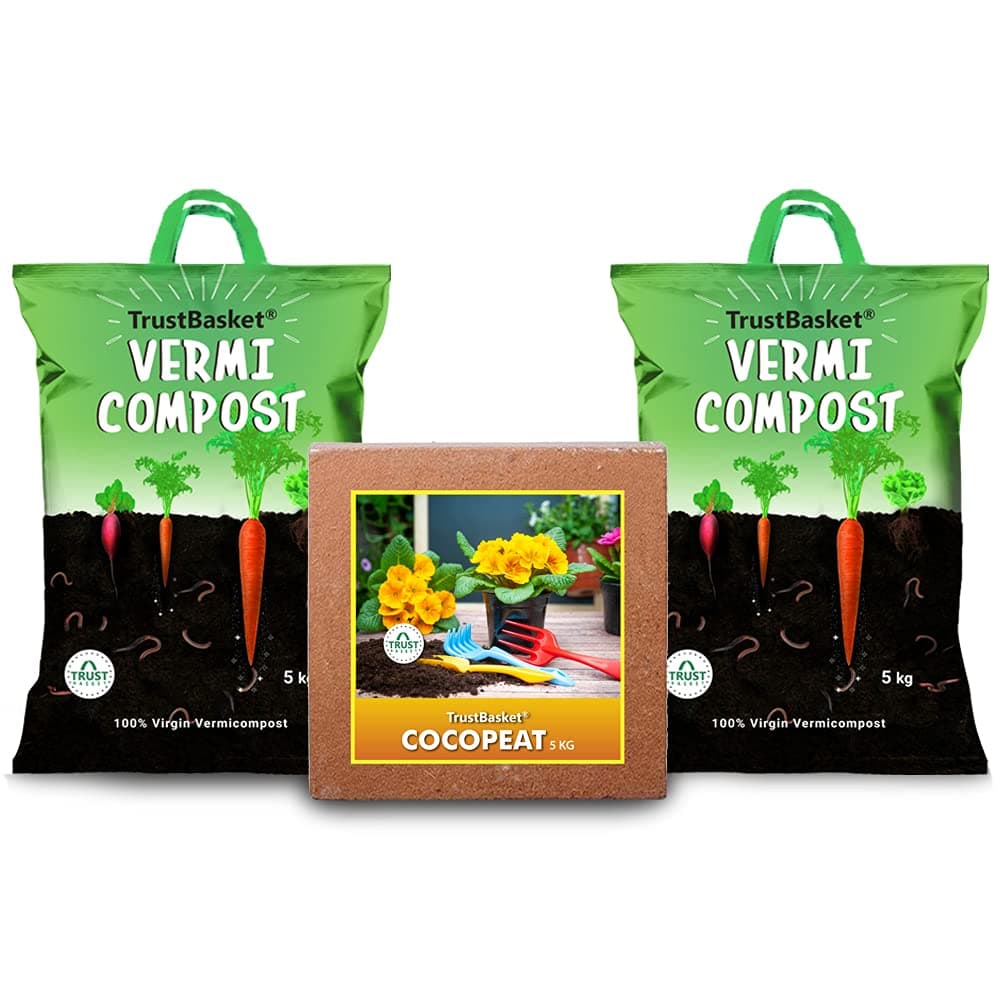 TrustBasket Organic Manure Combo Of Vermicompost 10Kg And Cocopeat 5Kg For All Type Plants, Green, Powder