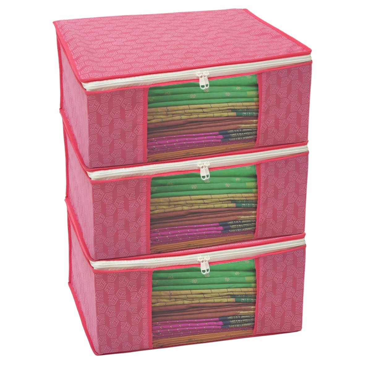 HomeStrap Set of 3 Non-Woven Printed Saree Cover/Cloth Storage/Organizer with Transparent Window (Pink), 33 x 22 cm