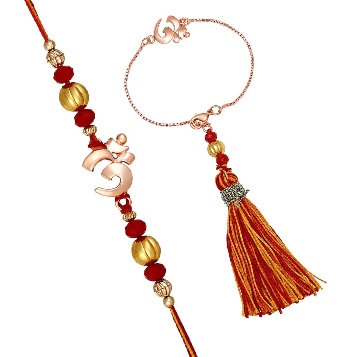 Mahi Rose Gold Plated OM Lumba and Brother Rakhi Set for Bhaiya and Bhabhi (RCOL1105545Z)