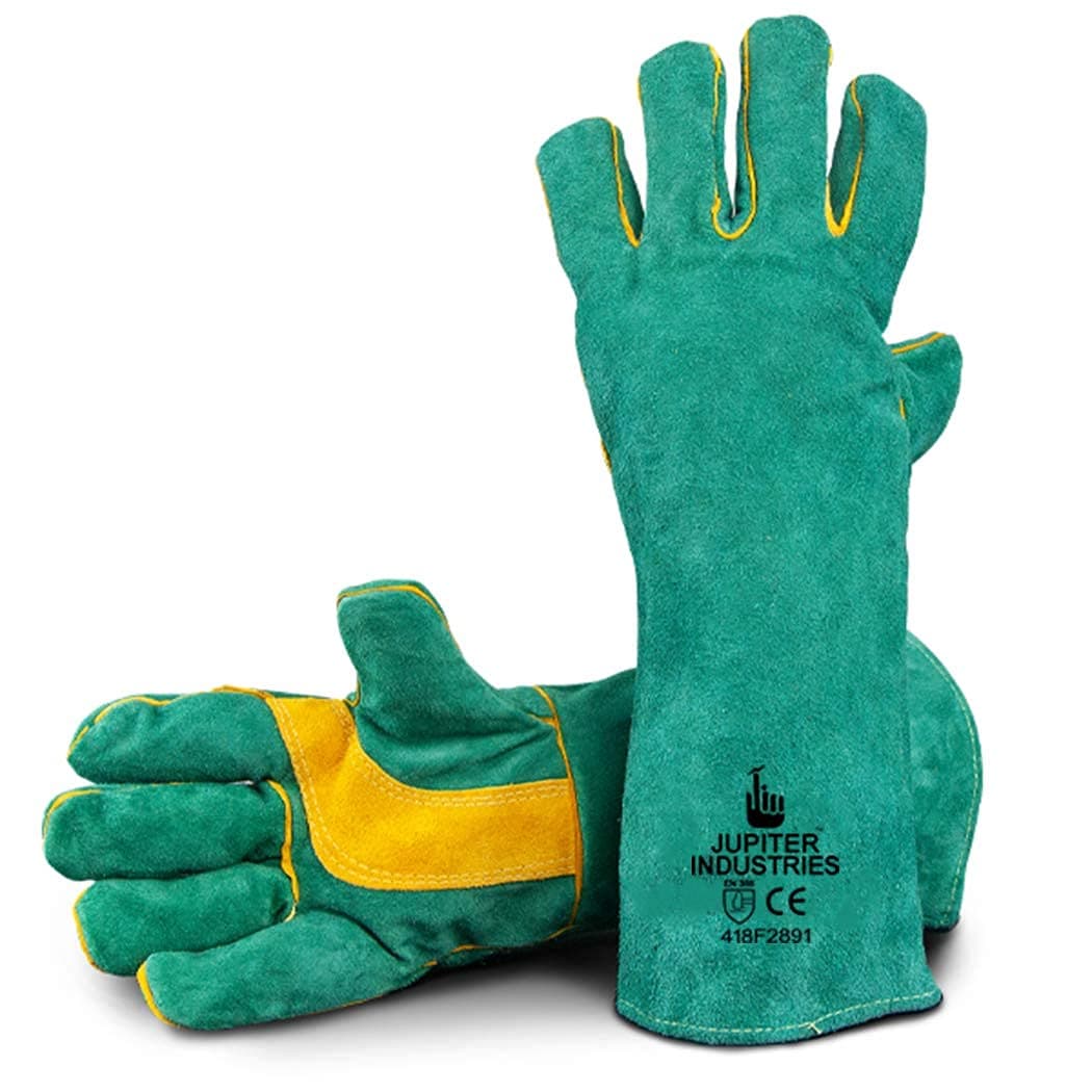 Jupiter Industries Animal Handling Leather Gauntlet Gloves, Bite Proof Protection from Dog, Cat, Bird, Kevlar Stitch Gloves for Vets, Groomers, Pet Owners (Green-Yellow, 16 inch, Pack of 1 Pair)