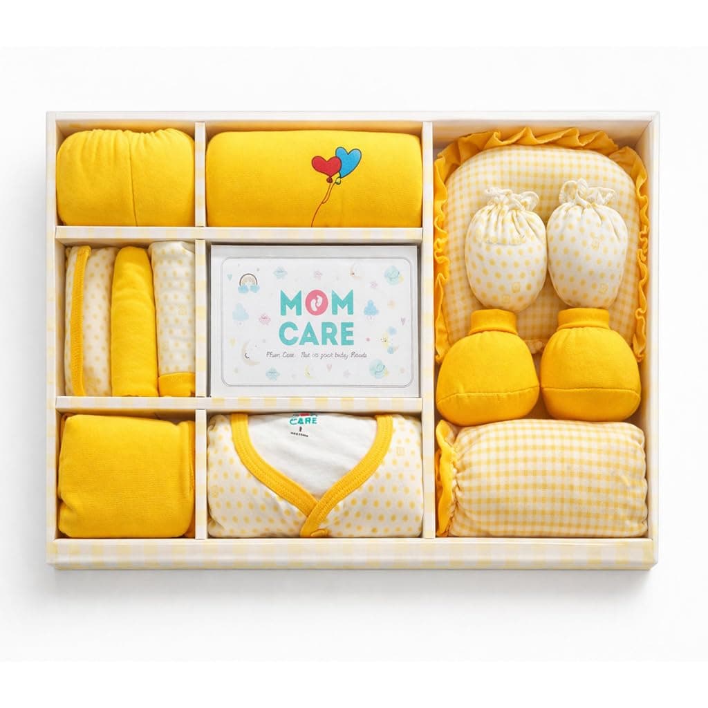MOM CARE New Born Baby Kit Combo Set (11 Pieces) | Newborn Baby Gift Set 0–3 Months | Cotton Baby Clothes Set | New Born Baby Essentials for Boys & Girls | Yellow