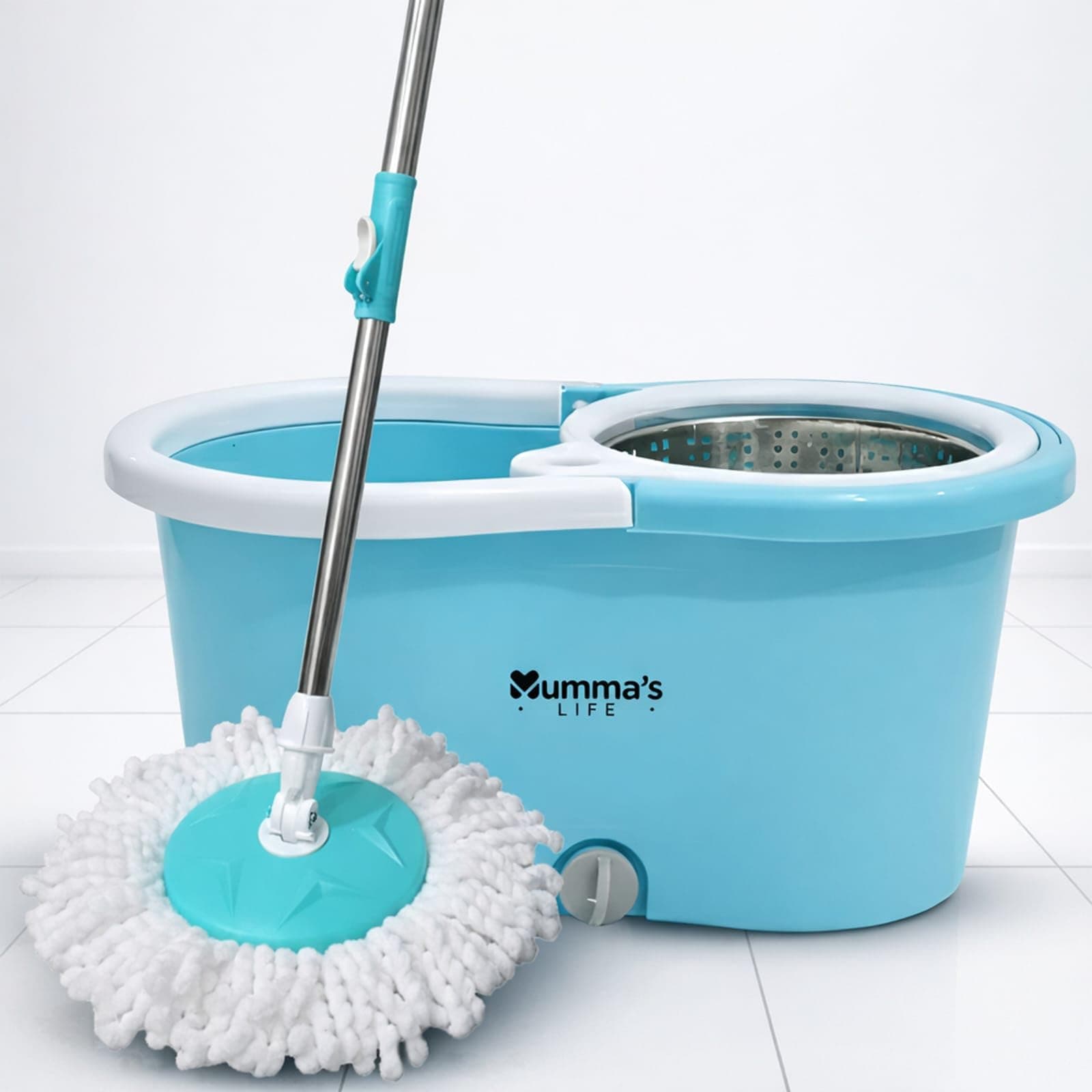 Mumma's LIFE Plastic Spin Mop Bucket, Moppers for Cleaning Floor, Mop Set Extendable Handle, Removable Wringer 360° with Floor Cleaner Mopping Stick (Round Mop with Steel Wrangler)