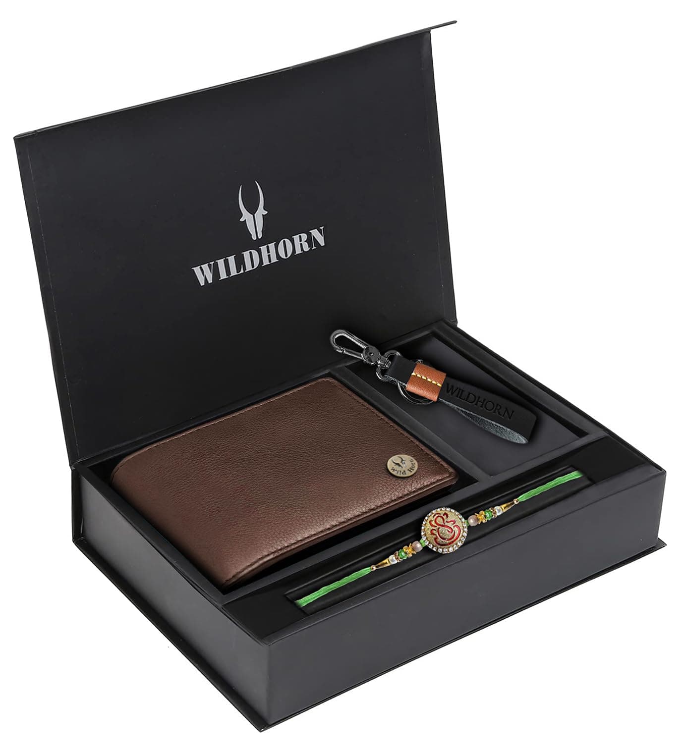 WildHorn Rakhi Gift Hamper for Brother - Classic Men's Combo/Gift Set of Leather Wallet, Keyring and Rakhi for Brother/Bhaiya. (Brown)