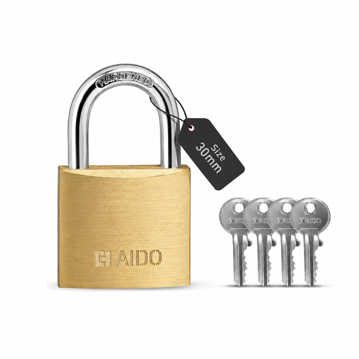 AIDO by dormakaba Group 30mm Solid Brass Padlock | Lock for Luggage, Cabinets, Lockers, Toolboxes | 4 Brass Keys | Double Bolt | Hardened Shackle | Water Resistant | 2 Yr Warranty