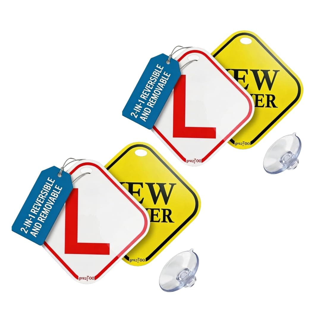 Grazzzoo 2-in-1 Reversible L Board & New Driver Sticker for Car | Removable L Sticker for Car Learning Driver | Learner Sign | Suction Cup | No Glue No Residue | 14.5 cm | Pack of 2