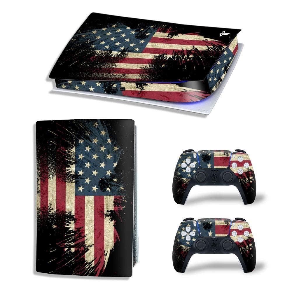Skin Poster PS5 Skin Protective Wrap Cover Vinyl Sticker Decals for PlayStation 5 Disk Version Console and Two Dual Sense 5 Sticker Skins Black PS5 Skin Console and Controller (American Flag)