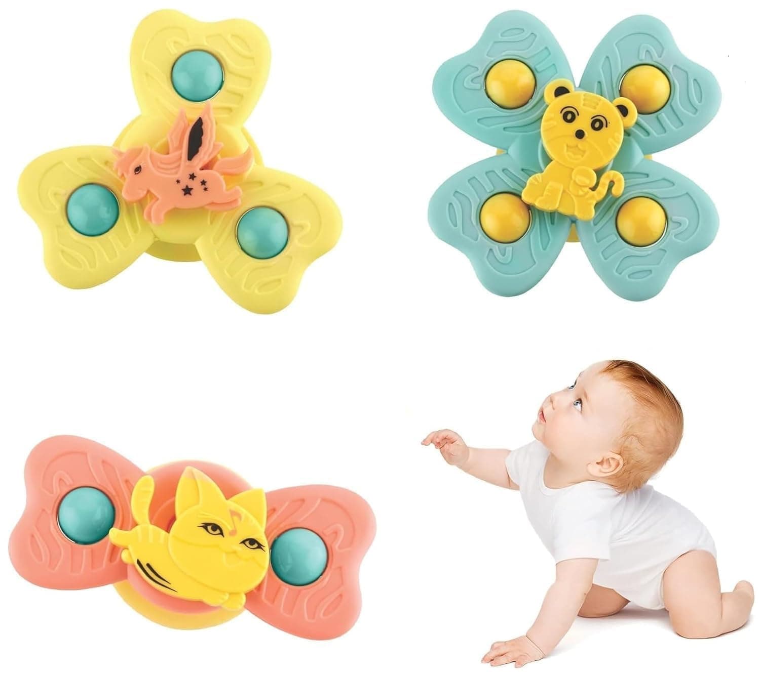 PB Prime Brands Strong Suction Cup Fidget Rotating Sensory Bath Toys for Baby 6 12 18 Months Airplane Car Travel Table & Window Toys for 1 2 Years Old Toddler Boys and Girls