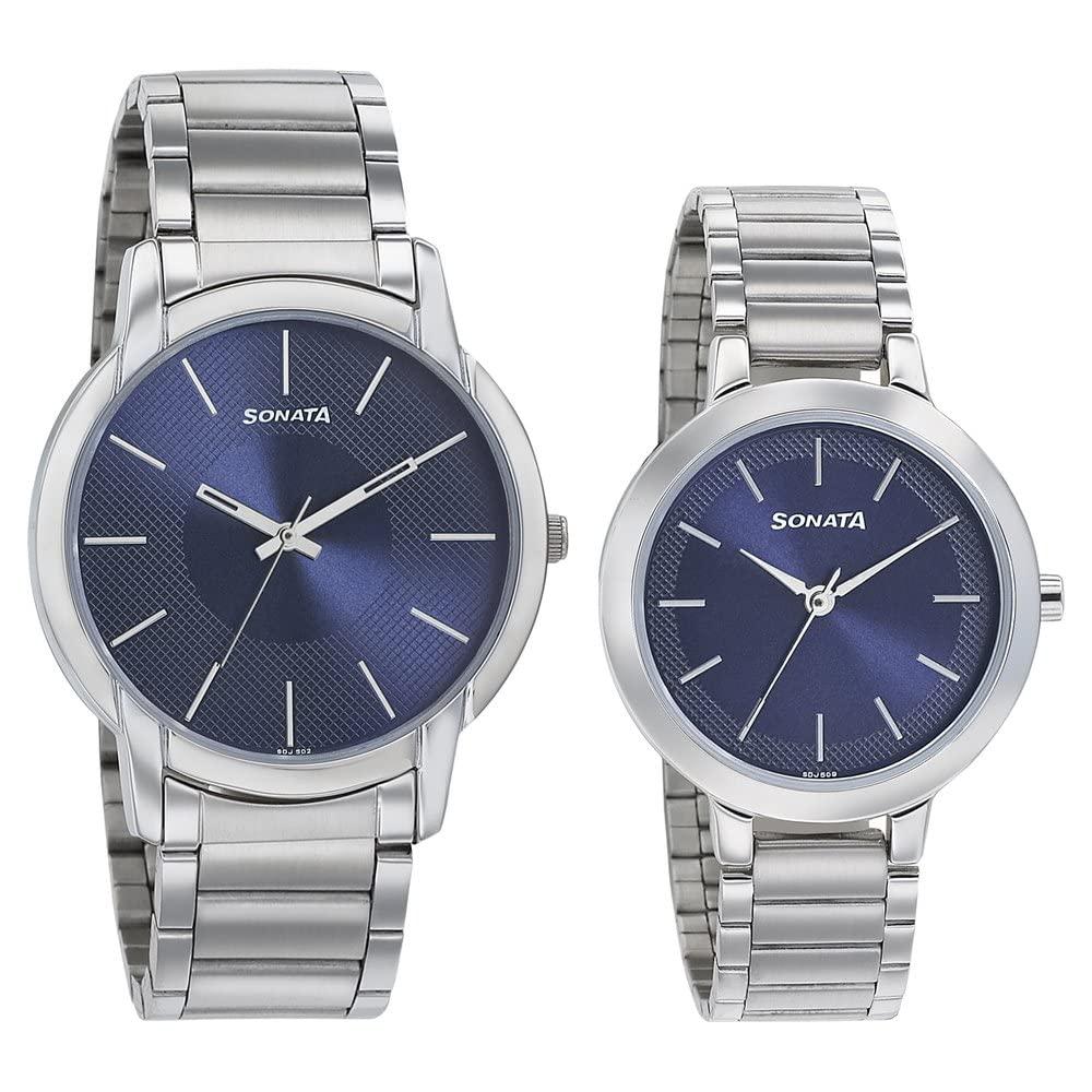 Sonata Bandhan Quartz Analog Blue Dial Silver Metal Strap Watch for Couple - NS770318141SM01P