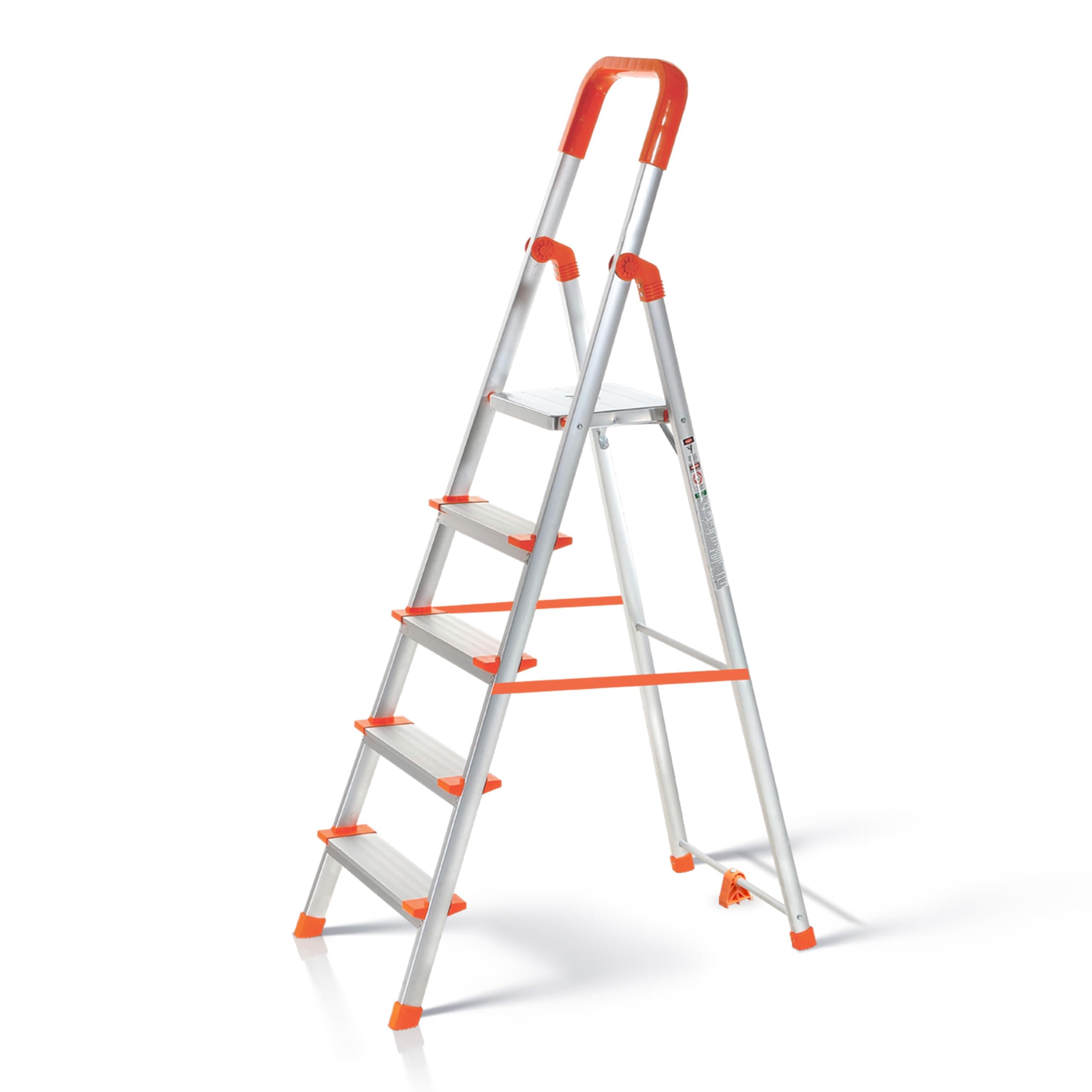 HOUZA Aluminium Ladder for Home 5 Steps Foldable with Anti-Skid Wide Steps | 5 Step Ladder for Home Use, Kitchen & Household | 250 Kg Load Capacity Folding Ladder | 5 Year Warranty (Orange)