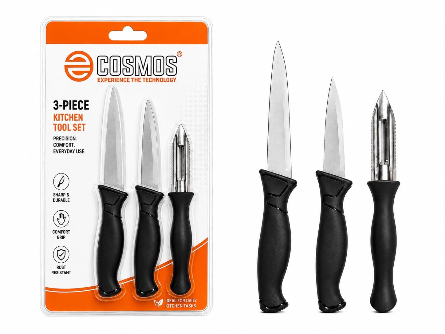 E-COSMOS® 3-Piece Kitchen Knife Set, Black Handles | Vegetable Peeler, Stainless Steel and Paring Knives, for Fruit, Vegetables, and Meat (Jet Black)