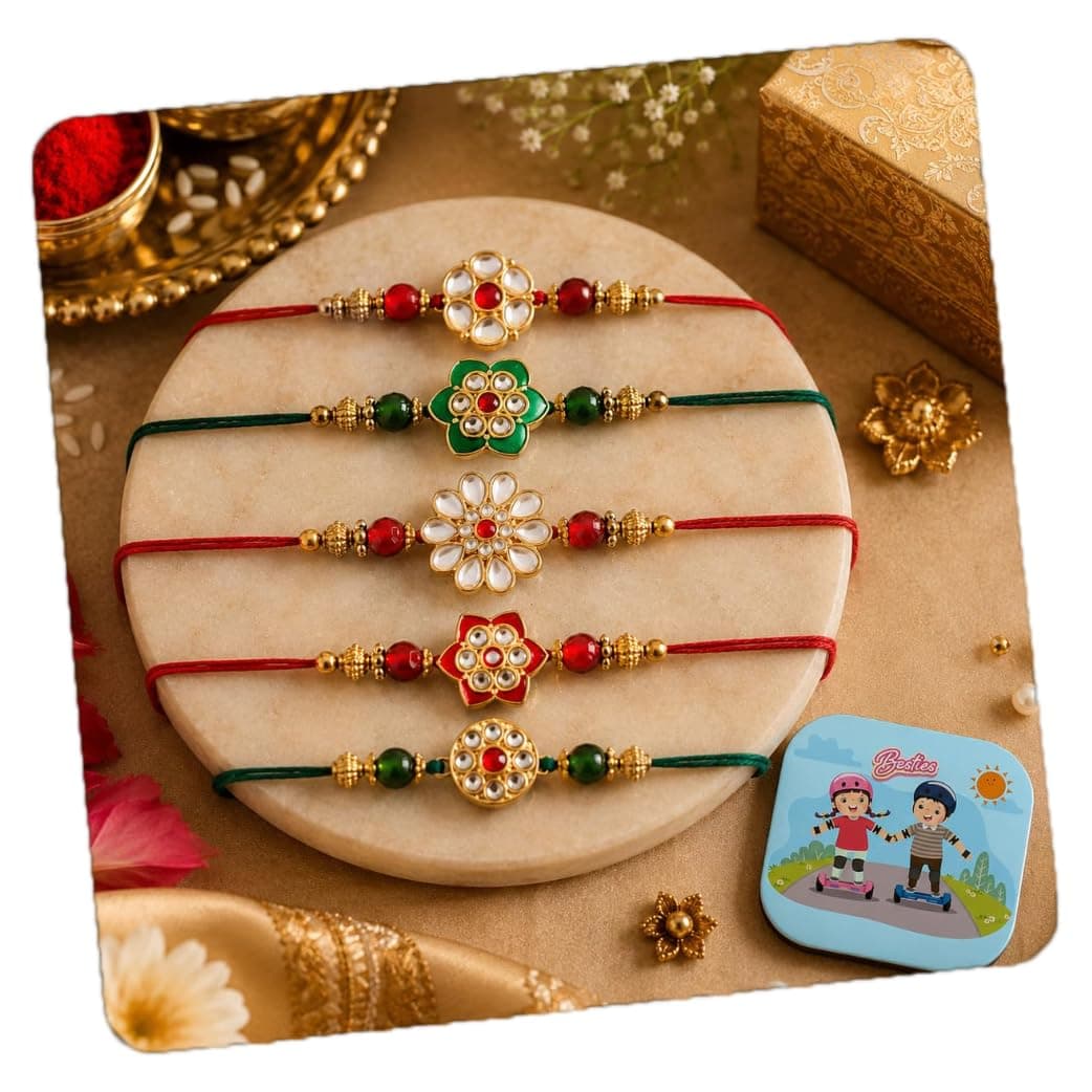 CraftVatika Kundan Rakhi Set of 5 for Brother | Rakhi for Brother | Kundan Rakhis | 5 Rakhi Combo for Bhai Bhaiya Men Boy Kids Girls,Rakhis for Rakshabandhan,Fridge Magnet, Greeting Card, Tilak Set