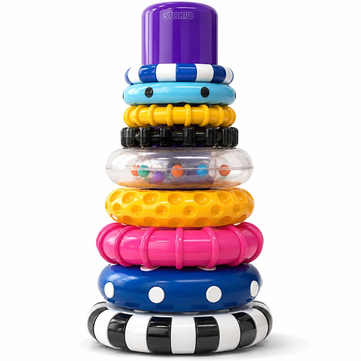 Storio Stacks of Circles Stacking Ring Toy for Babies 6+ Months | 9-Piece Multi-Color STEM Learning | Educational Baby Toy for Fine Motor Skills | Textured Rings with Sound Beads | Montessori Learning