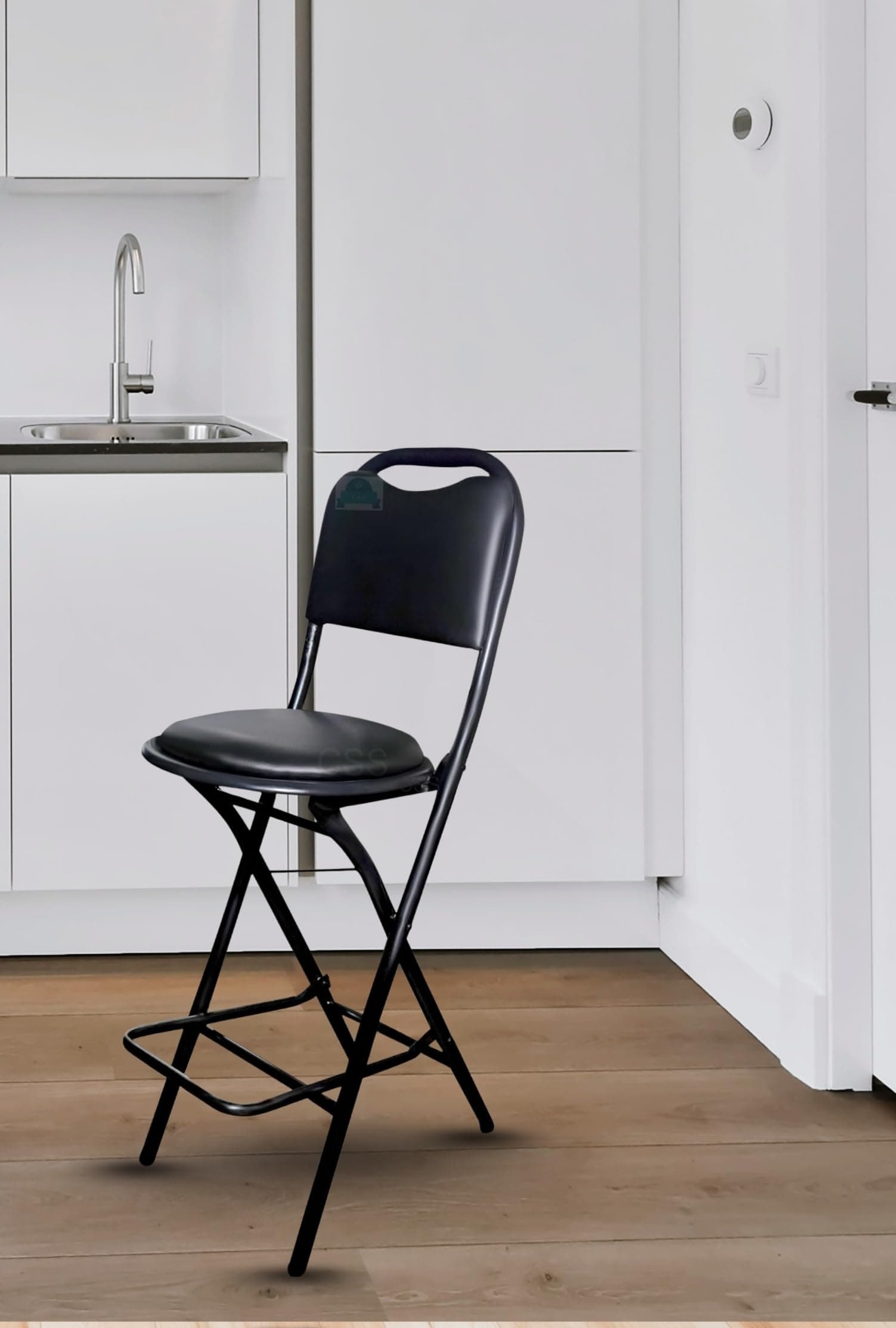 IYB Metal 25-Inch Seating Height Strong Heavy Duty Folding Stool Chair 34 C.M. Cushion Area For Extra Comfort With Foot Rest & Higher Height For Kitchen/Office/Breakfast Padded Black