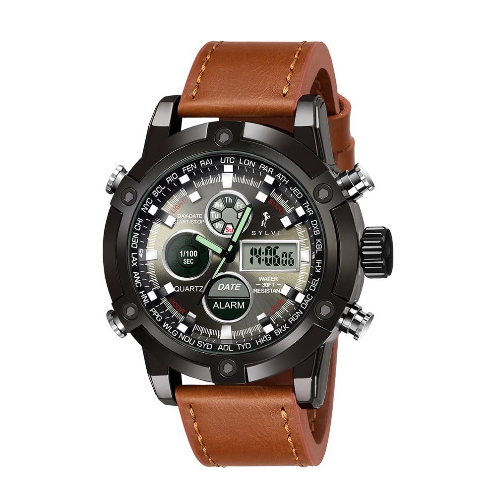 Sylvi Analog Digital Watch for Men | Luxury Black Dial & Adjustable Leather Strap | Multi-Functional Classic Watch | Light Weight Digital Watch | Wrist Watch for Men (Brown, Round - SY 3022)